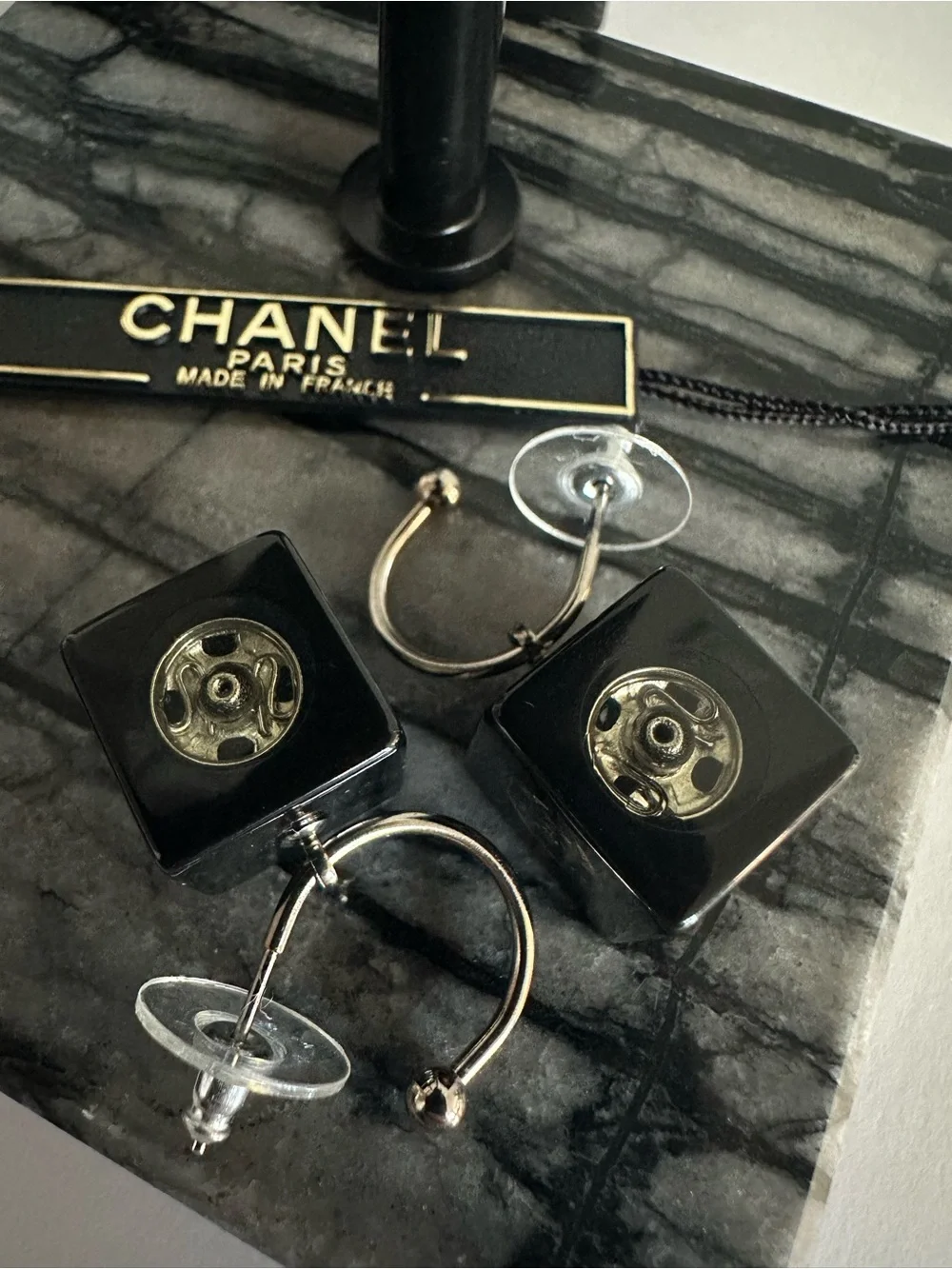 CHANEL 2003 03A Black Resin CC Cube Dice Hoop Drop Earrings